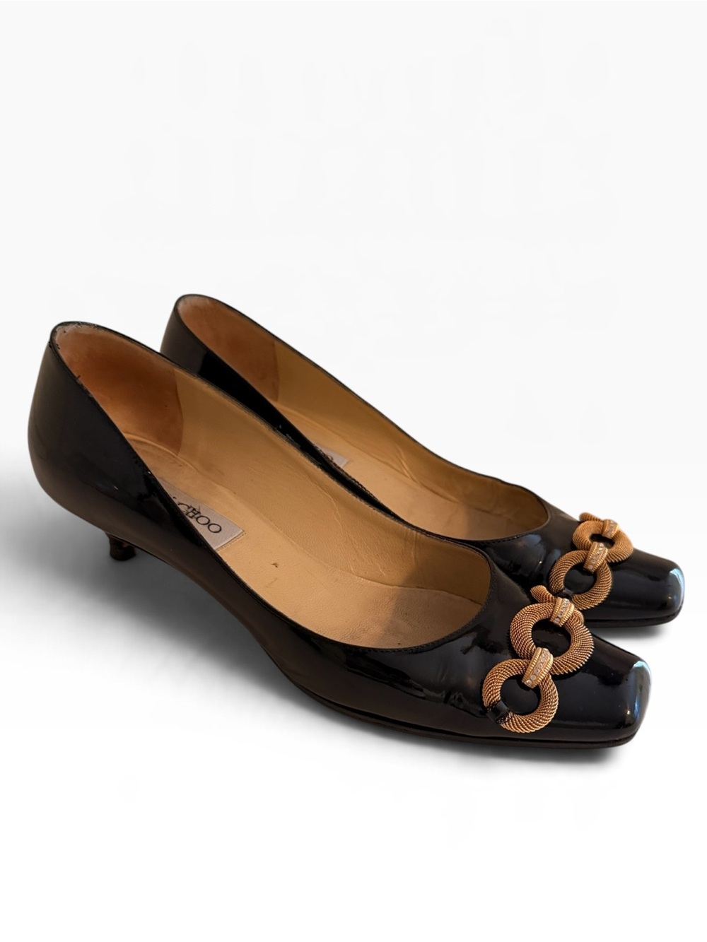 Jimmy Choo Vintage Black Patent Kitten Heel Pumps with Gold Chain Accent 38